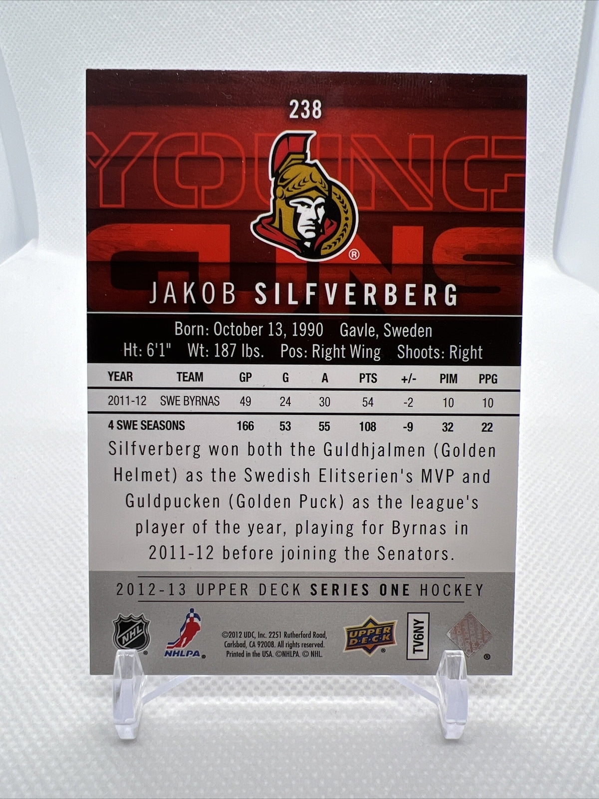 Jakob Silfverberg 2012-13 Upper Deck #238 Young Guns Rookie Ottawa Senators RC
