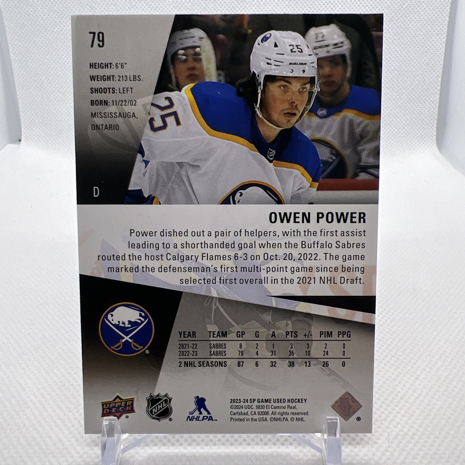 Owen Power 2023-24 SP Game Used Gold /121 Buffalo Sabres