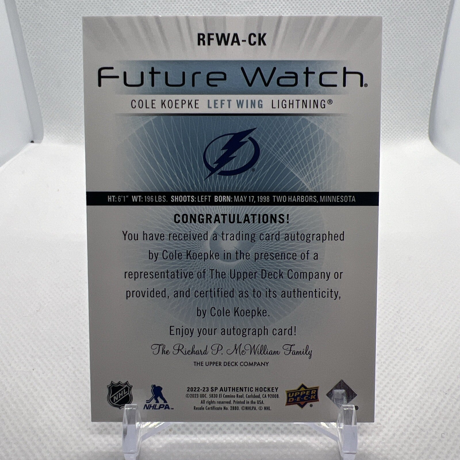 Cole Koepke 2022-23 SP Authentic Retro Future Watch Auto /699 Lightnining