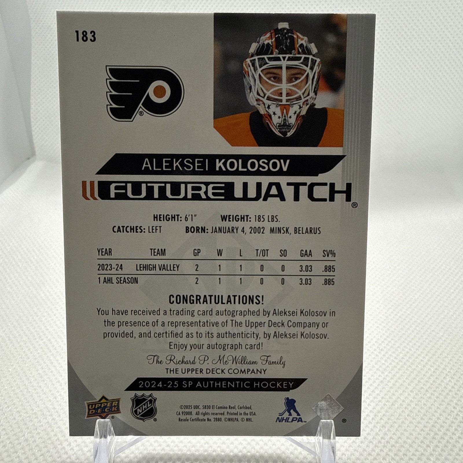 Aleksei Kolosov 2024-25 SP Authentic Future Watch Auto /999 Philadelphia Flyers