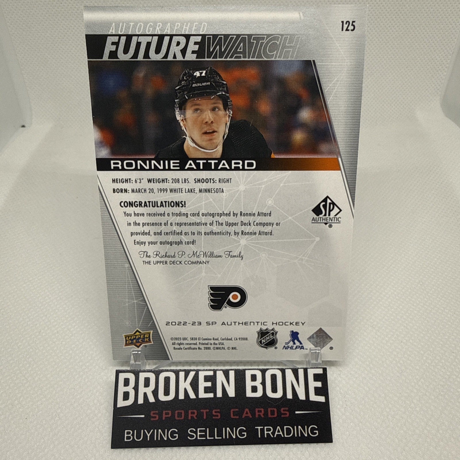 Ronnie Attard 2022-23 SP Authentic Future Watch Auto /999 Philadelphia Flyers