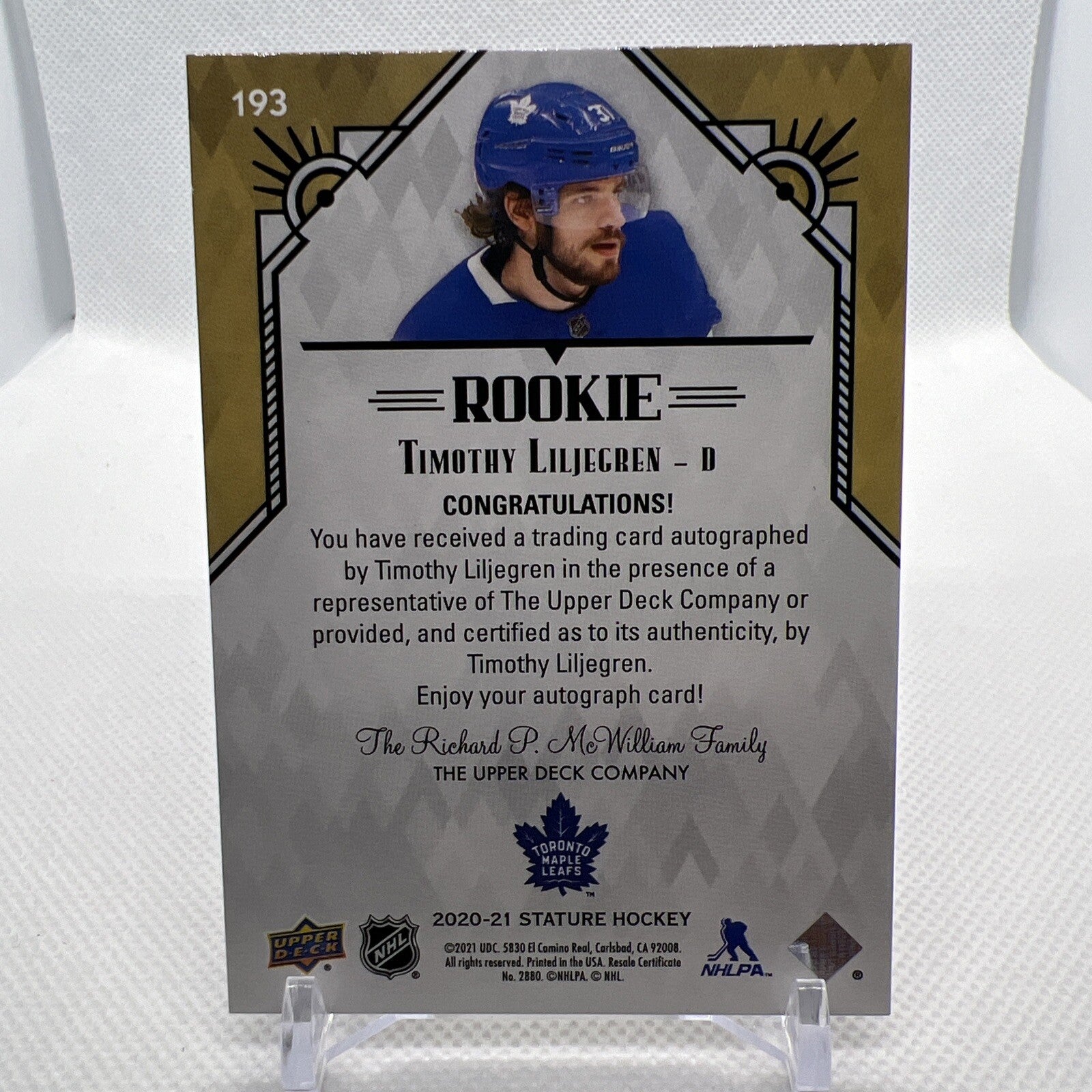 Timothy Liljegren 2020-21 Stature Rookie Auto /199 Toronto Maple Leafs
