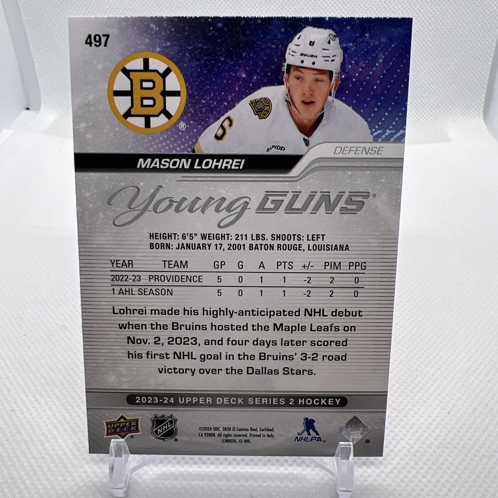Mason Lohrei 2023-24 Upper Deck Young Guns Rookie Boston Bruins 3 RC