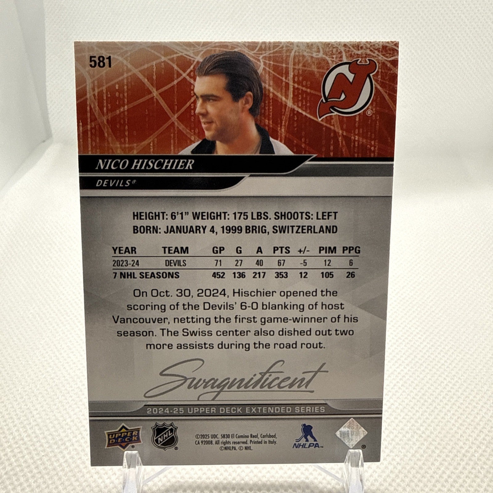 Nico Hischier 2024-25 Upper Deck Swagnificent SSP Case Hit New Jersey Devils