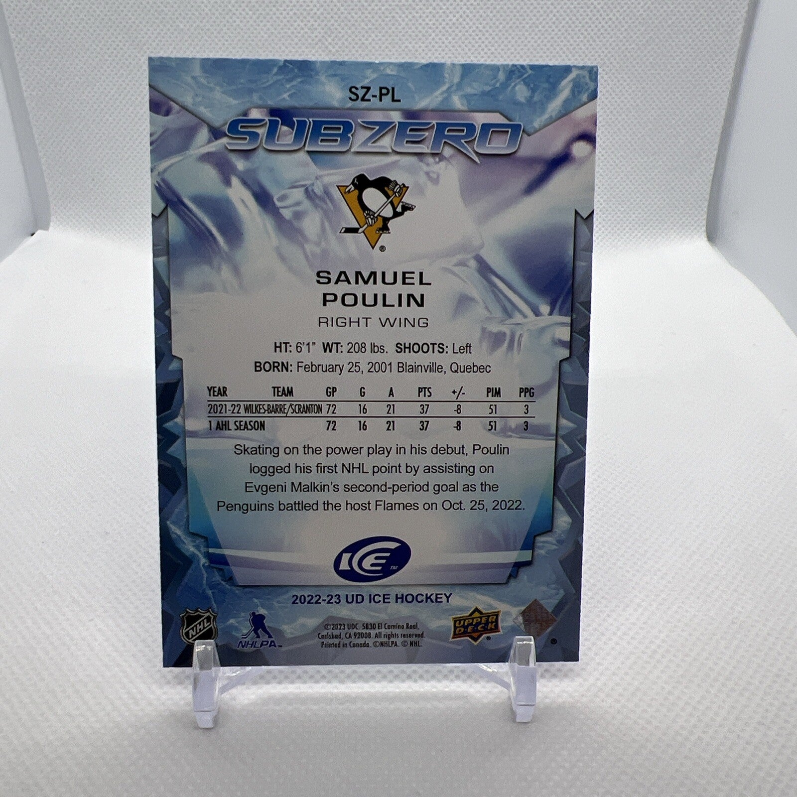 Samuel Poulin 2022-23 UD Ice Subzero Rookie /999 SZ-PL Pittsburgh Penguins