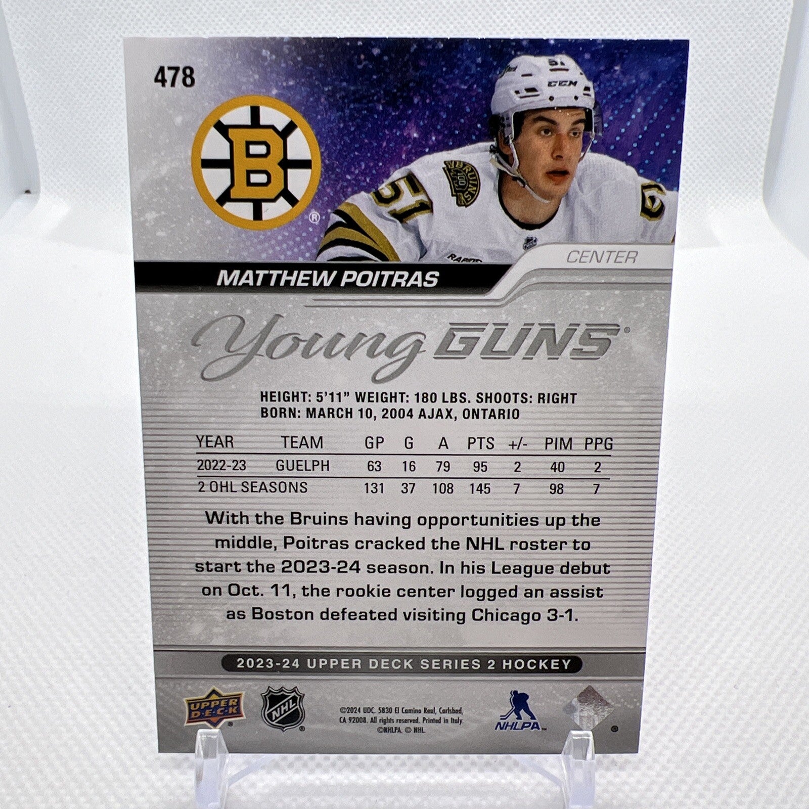 Matthew Poitras 2023-24 Upper Deck Young Guns Rookie Boston Bruins 4 RC