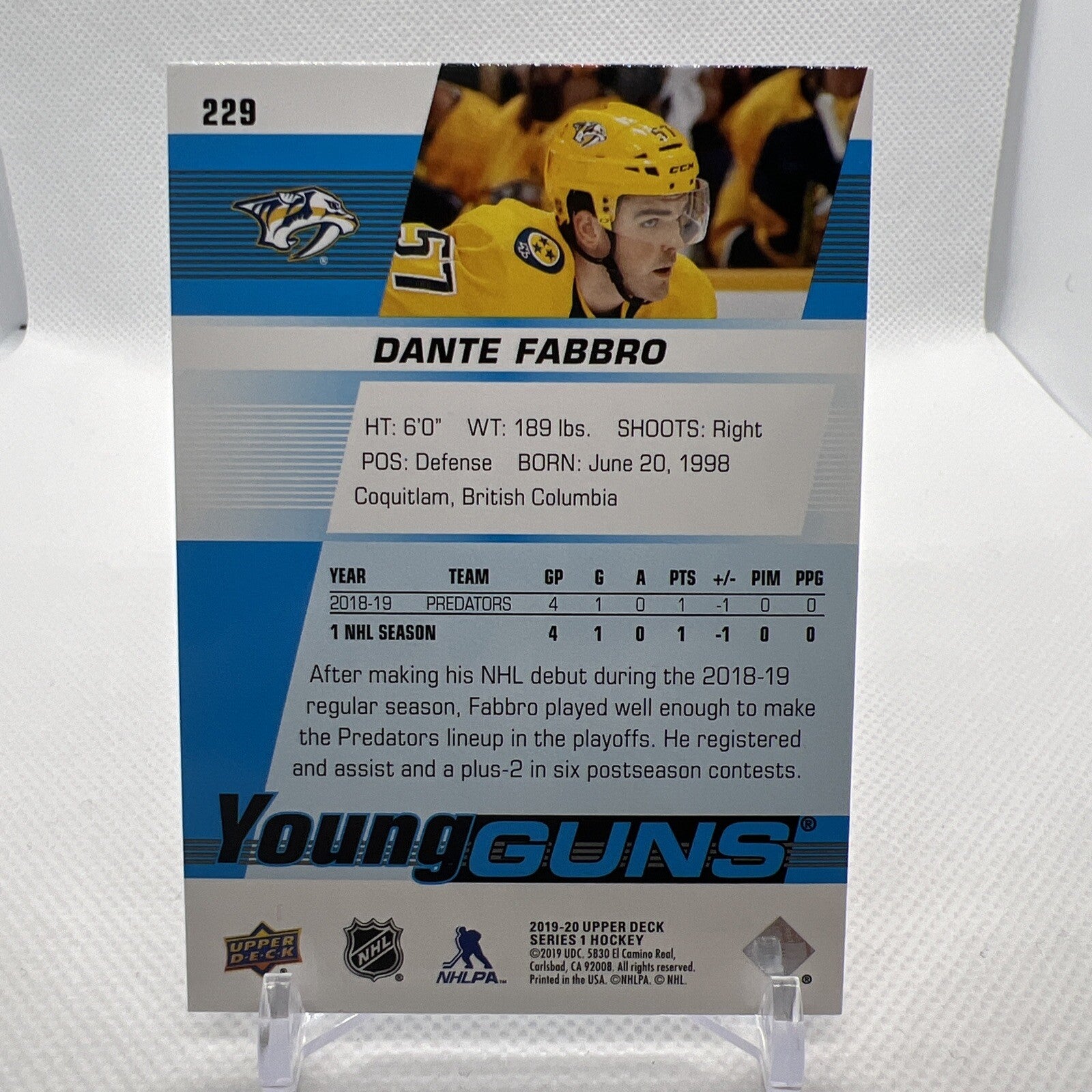 Dante Fabro 2019-20 Upper Deck Young Guns Rookie Nashville Predators RC