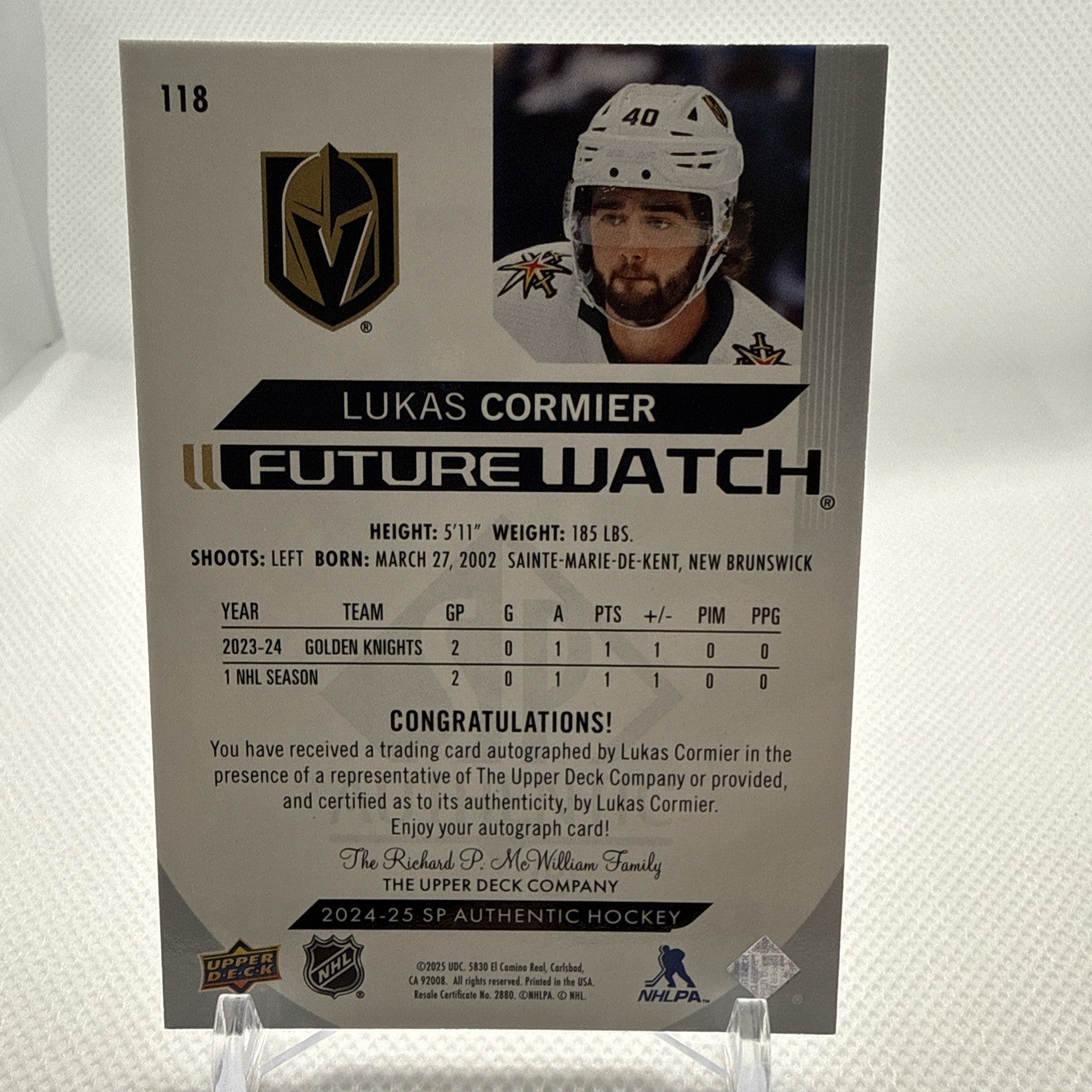 Lukas Cormier 2024-25 SP Authentic Future Watch Auto /999 Vegas Golden Knights