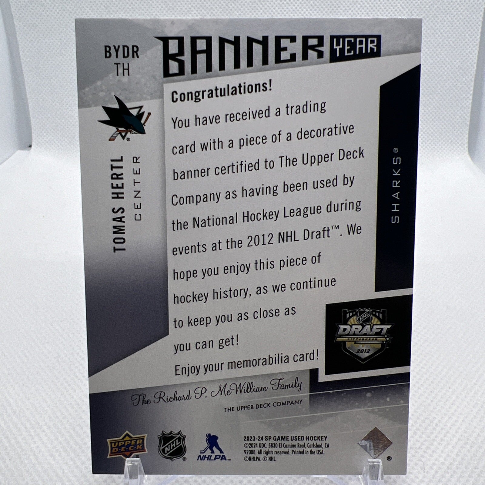 Tomas Hertl 2023-24 SP Game Used Banner Year NHL Draft San Jose Sharks