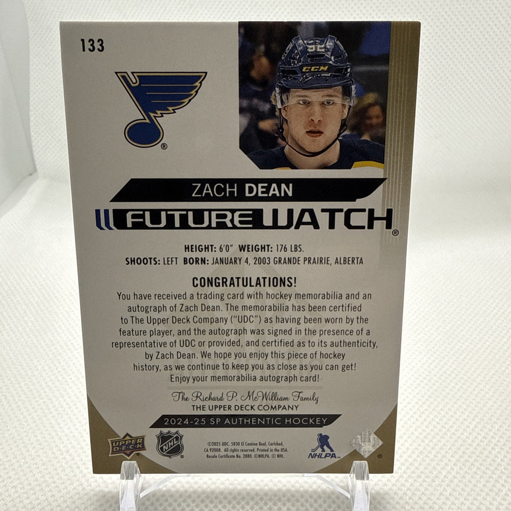 Zach Dean 2024-25 SP Authentic Future Watch Patch Auto /100 St. Louis Blues