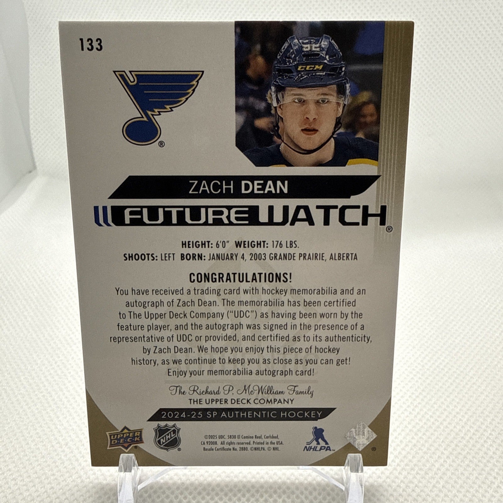 Zach Dean 2024-25 SP Authentic Future Watch Patch Auto /100 St. Louis Blues