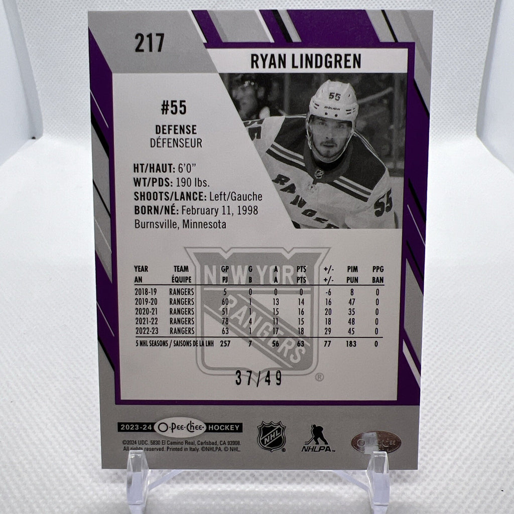 Ryan Lindgren 2023-24 O-Pee-Chee Purple Parallel /49 New York Rangers