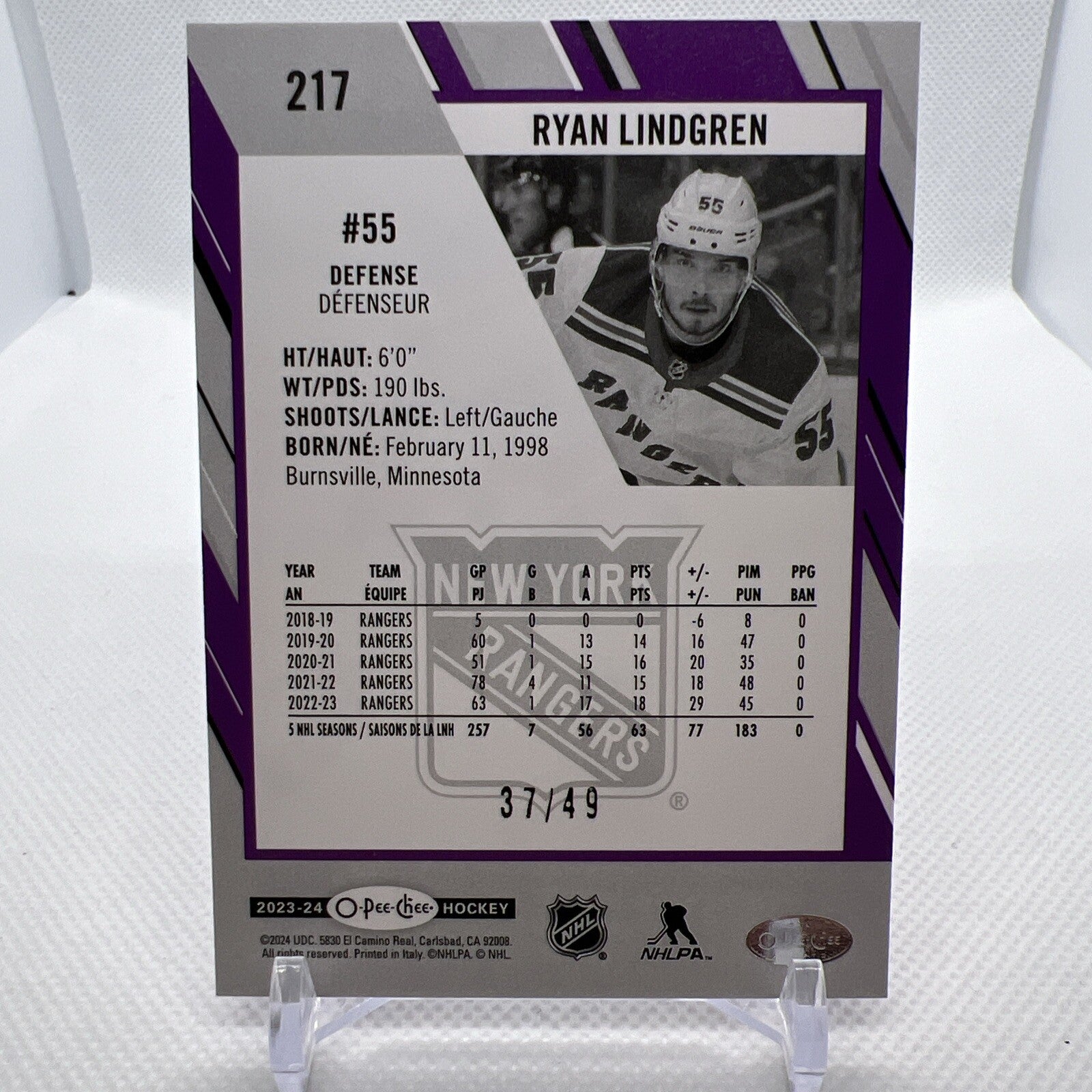 Ryan Lindgren 2023-24 O-Pee-Chee Purple Parallel /49 New York Rangers