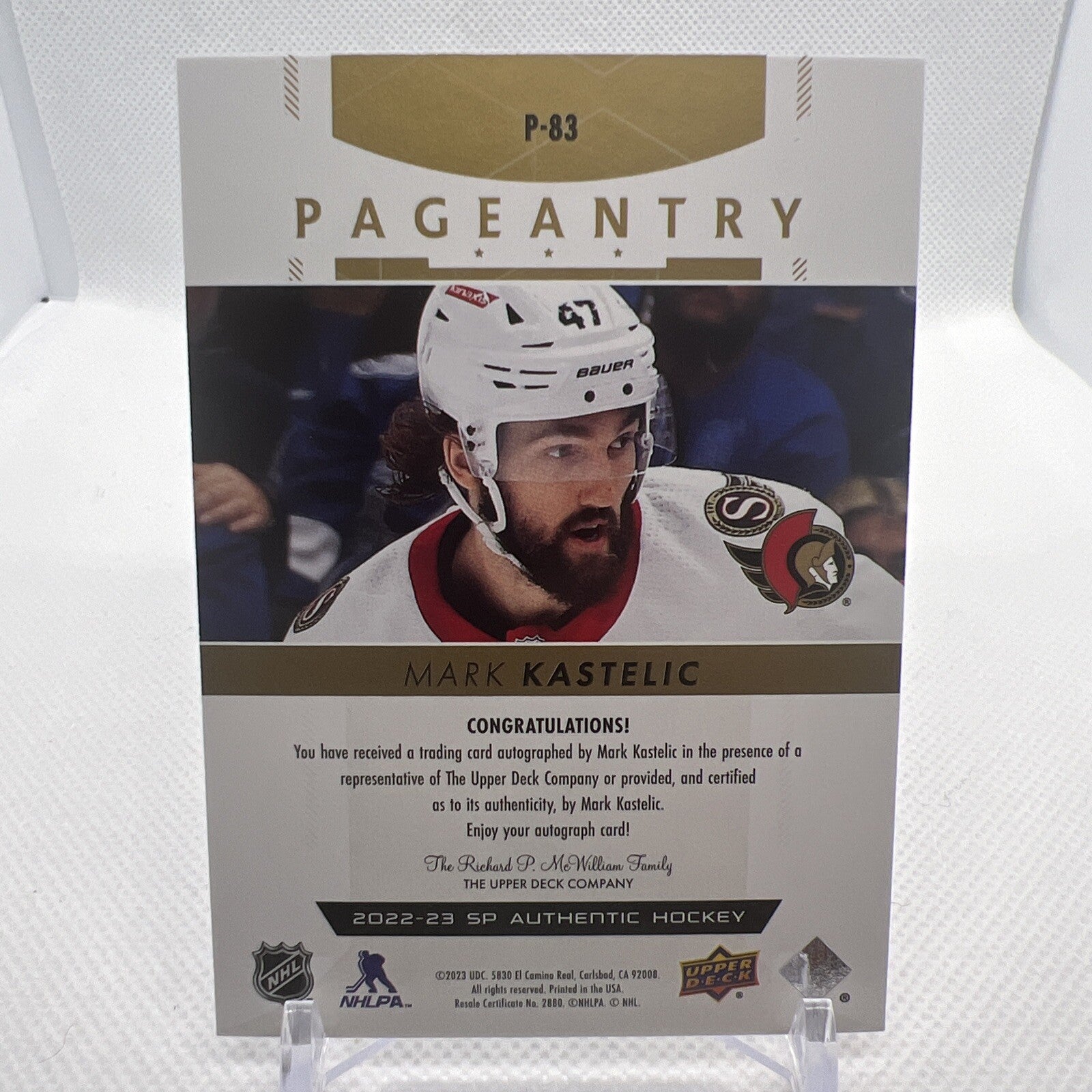 Mark Kastelic 2022-23 SP Authentic Pageantry Rookie Gold Auto Ottawa Senators