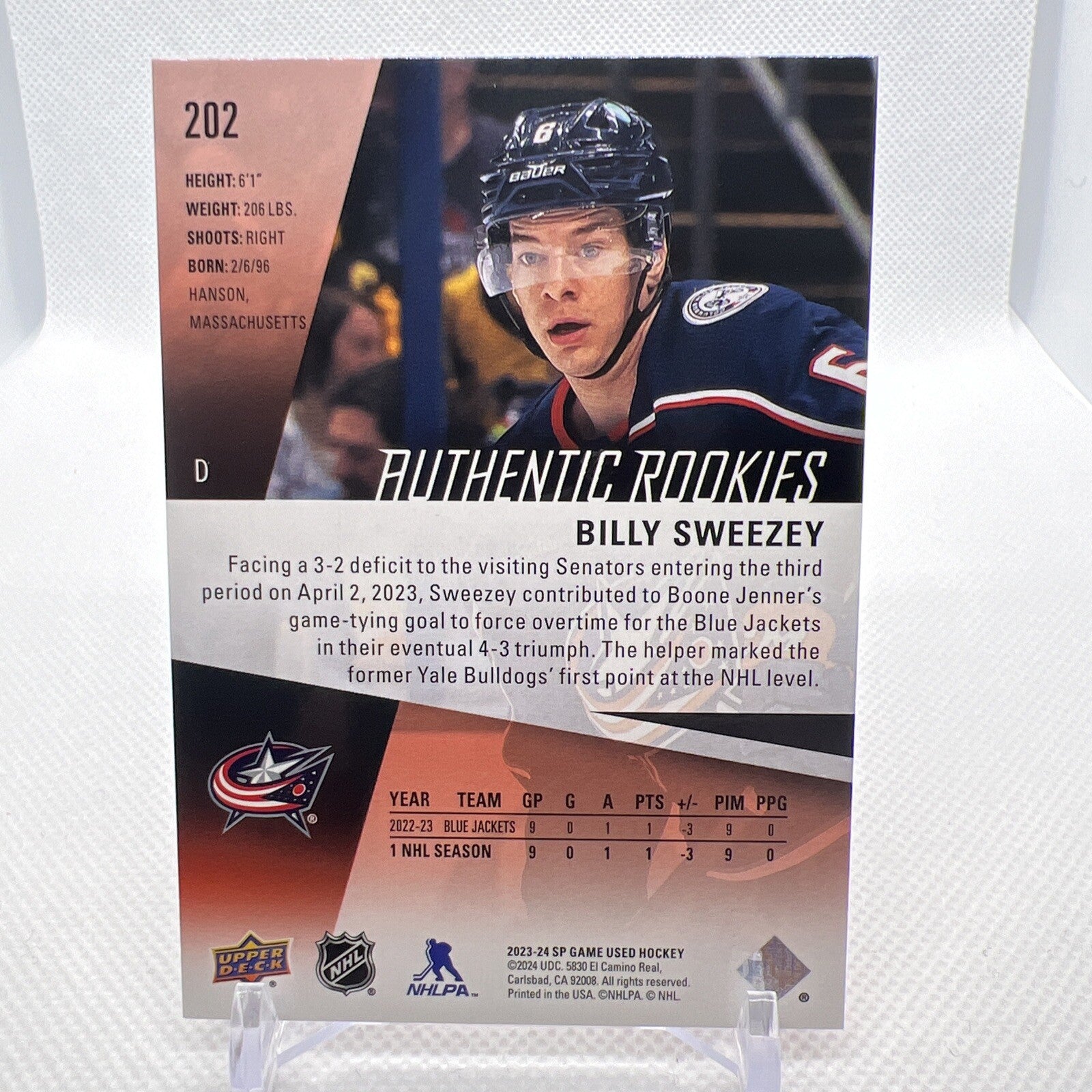 Billy Sweezey 2023-24 SP Game Used Authentic Rookies /227 Columbus Blue Jackets