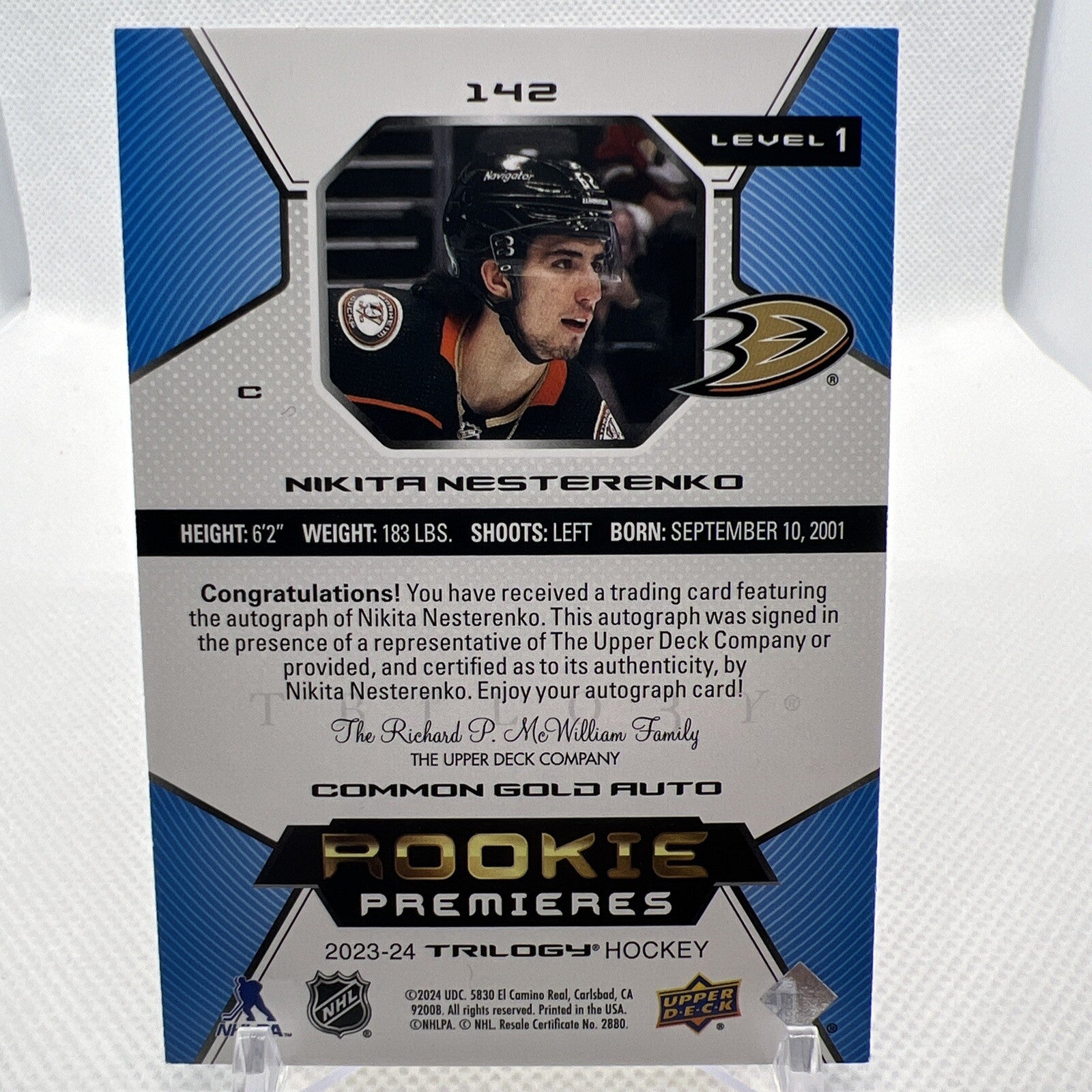 Nikita Nesterenko 23-24 Trilogy Rookie Premieres Auto Level 1 /349 Anaheim Ducks