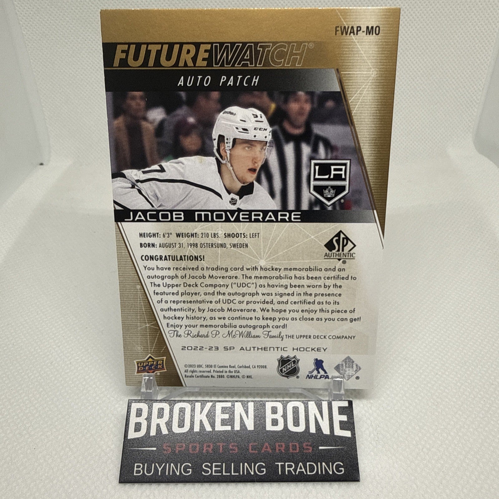 Jacob Moverare 2022-23 SP Authentic Future Watch Patch Auto /100 LA Kings