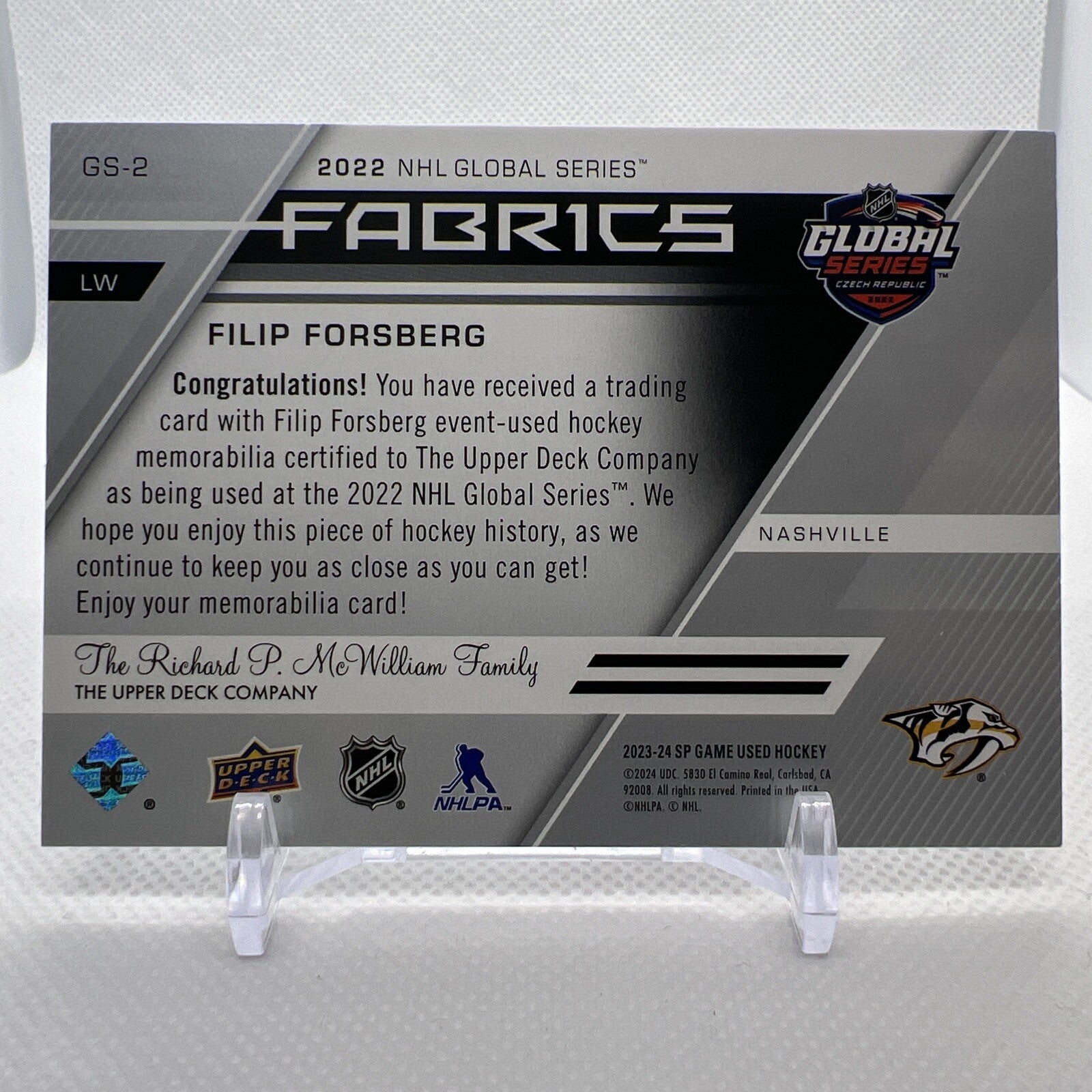 Filip Forsberg 2023-24 SP Game Used Fabrics Patch Global Series Predators