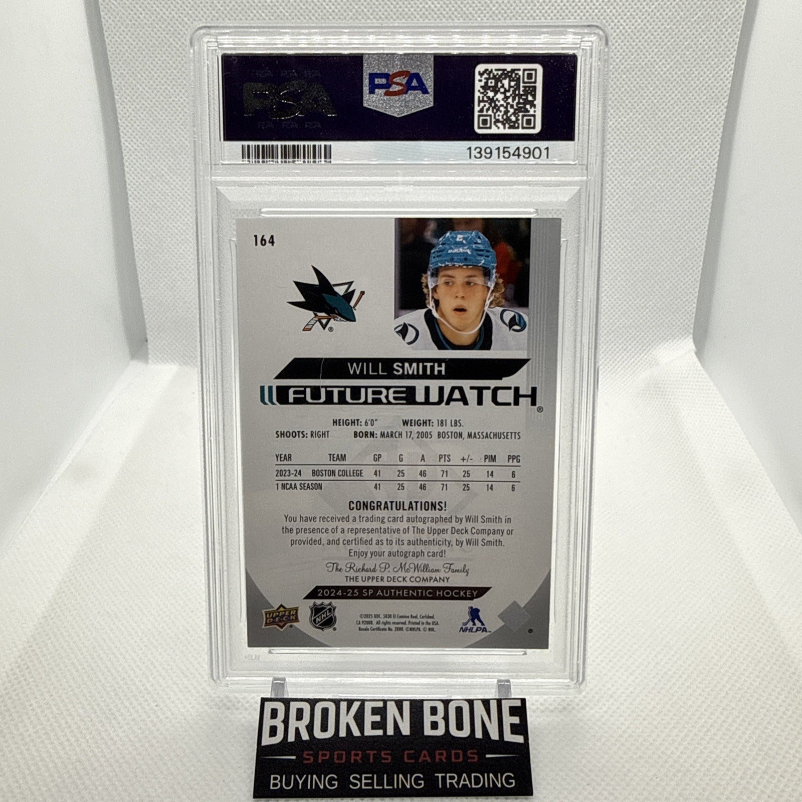 Will Smith 2024-25 SP Authentic Future Watch Auto Rookie /999 San Jose Sharks