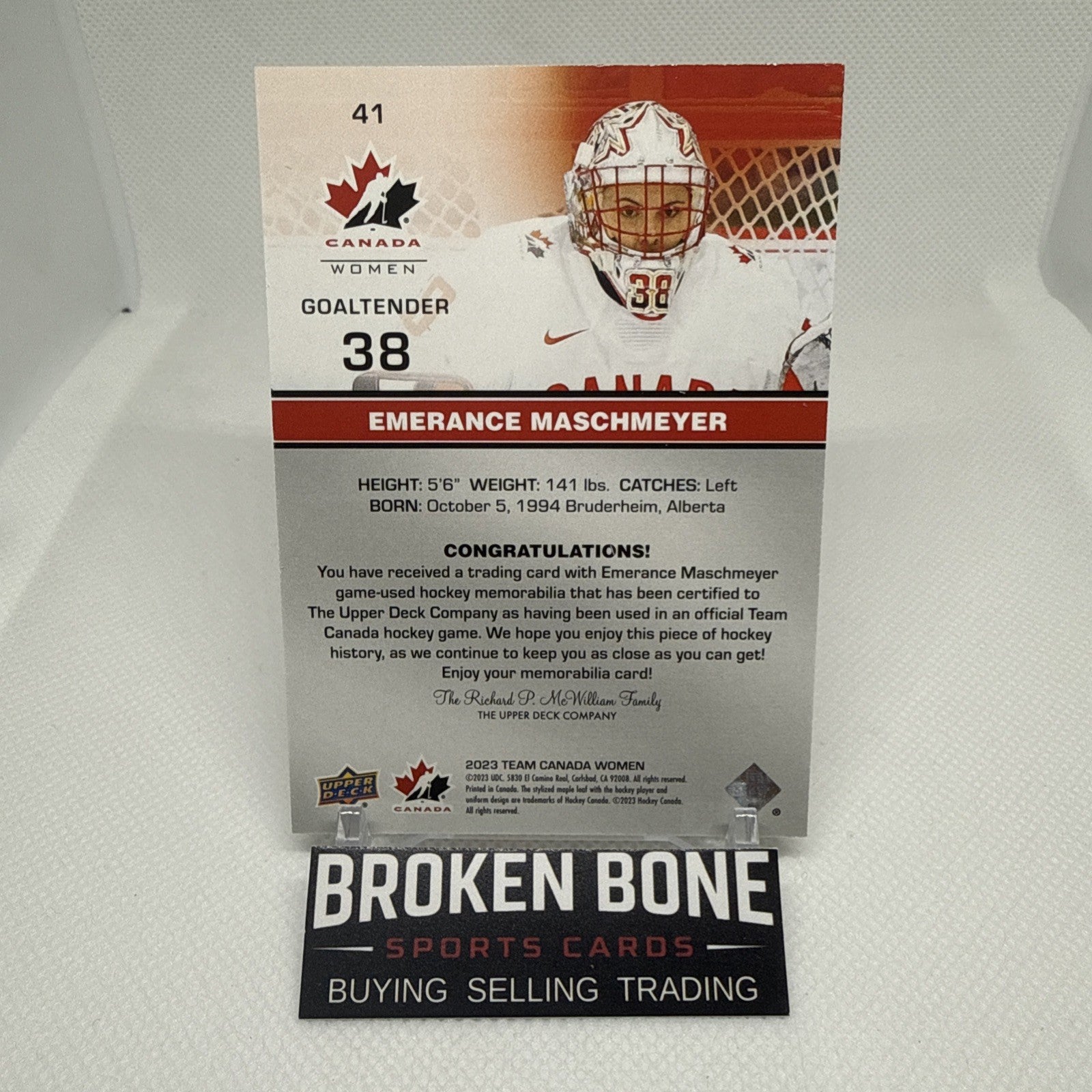 Emerance Maschmeyer 2023 Team Canada Juniors Game-Used Patch Parallel