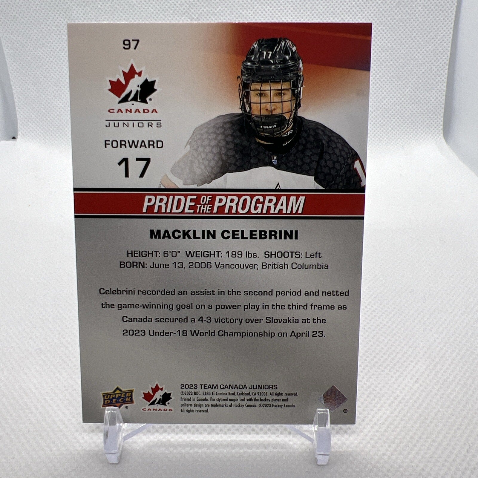 Macklin Celebrini 2023 Team Canada Juniors Pride of Program San Jose Sharks