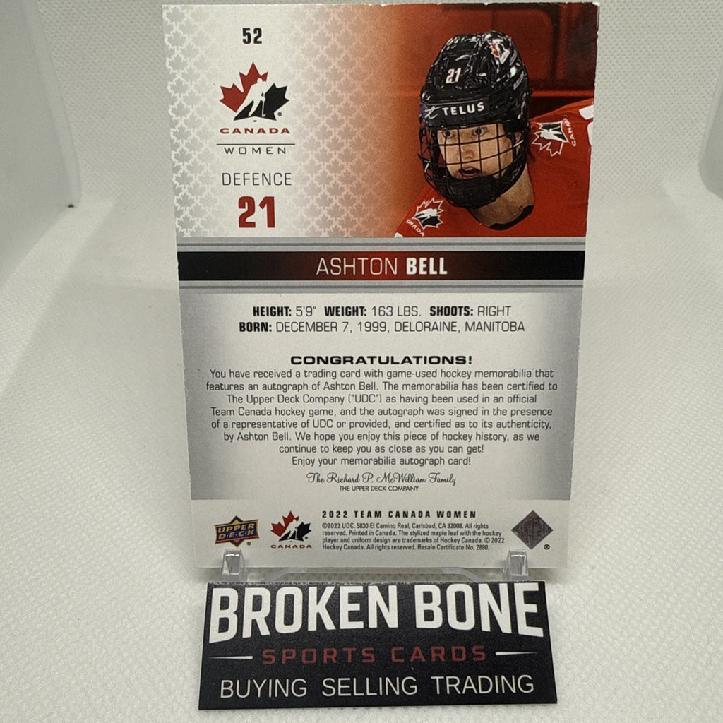 Ashton Bell 2022 Team Canada Juniors Game Used Patch Auto /199 PWHL