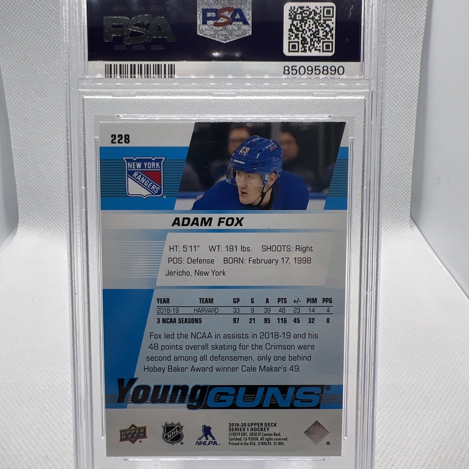 Adam Fox 2019-20 Upper Deck Young Guns #228 New York Rangers Rookie PSA 10 RC