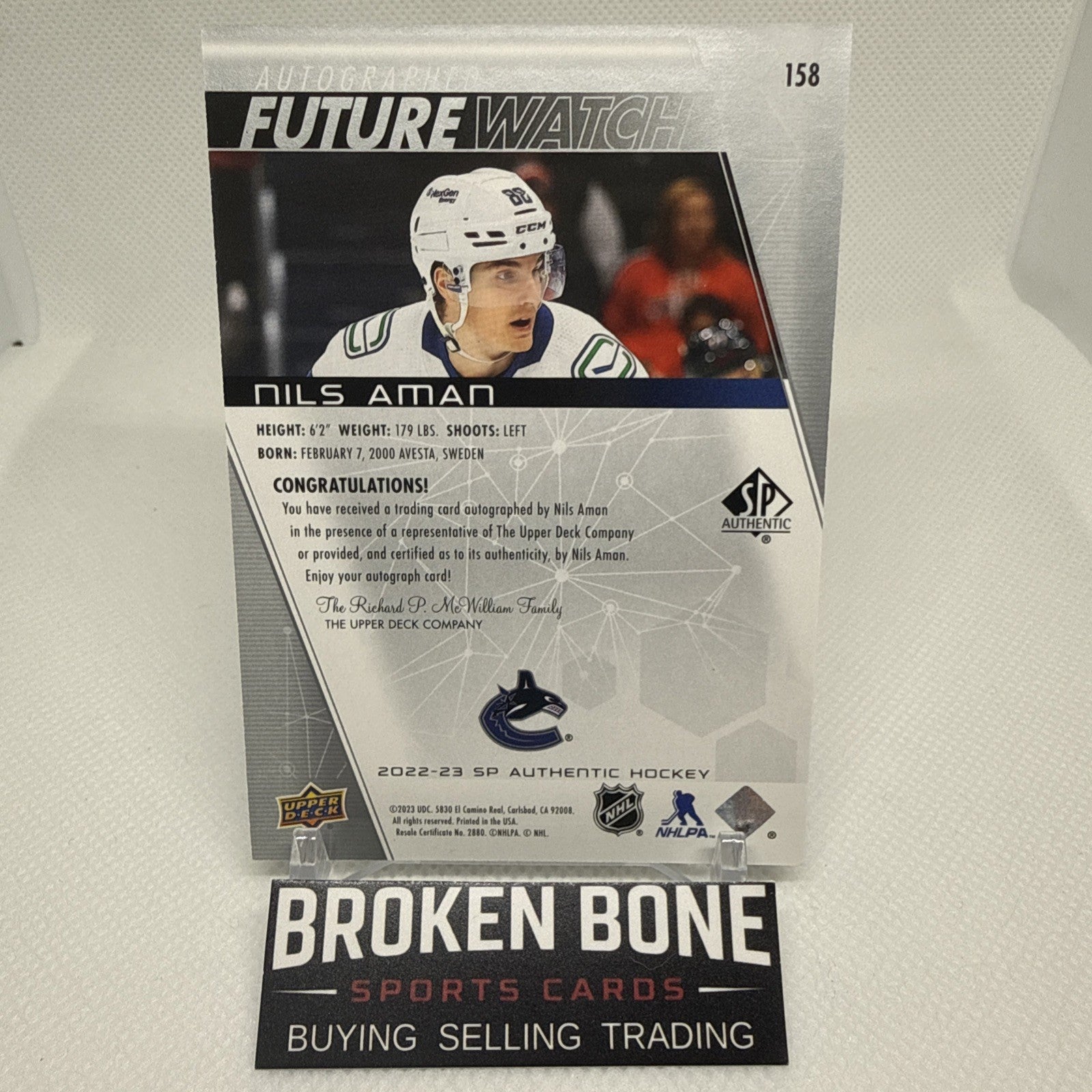 Nils Aman 2022-23 SP Authentic Future Watch Auto /999 Vancouver Canucks