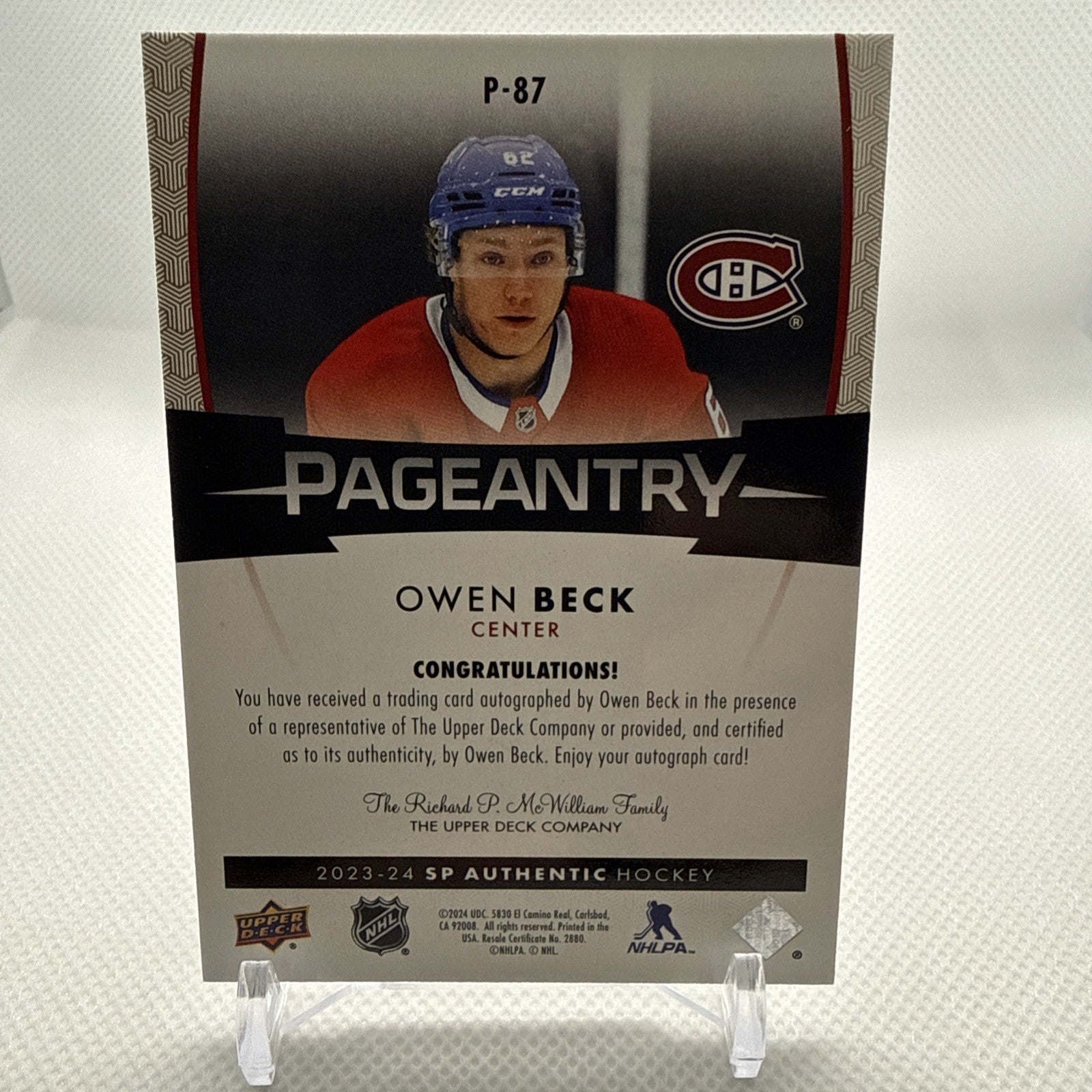 Owen Beck 2023-24 SP Authentic Pageantry Rookie Auto Montreal Canadiens