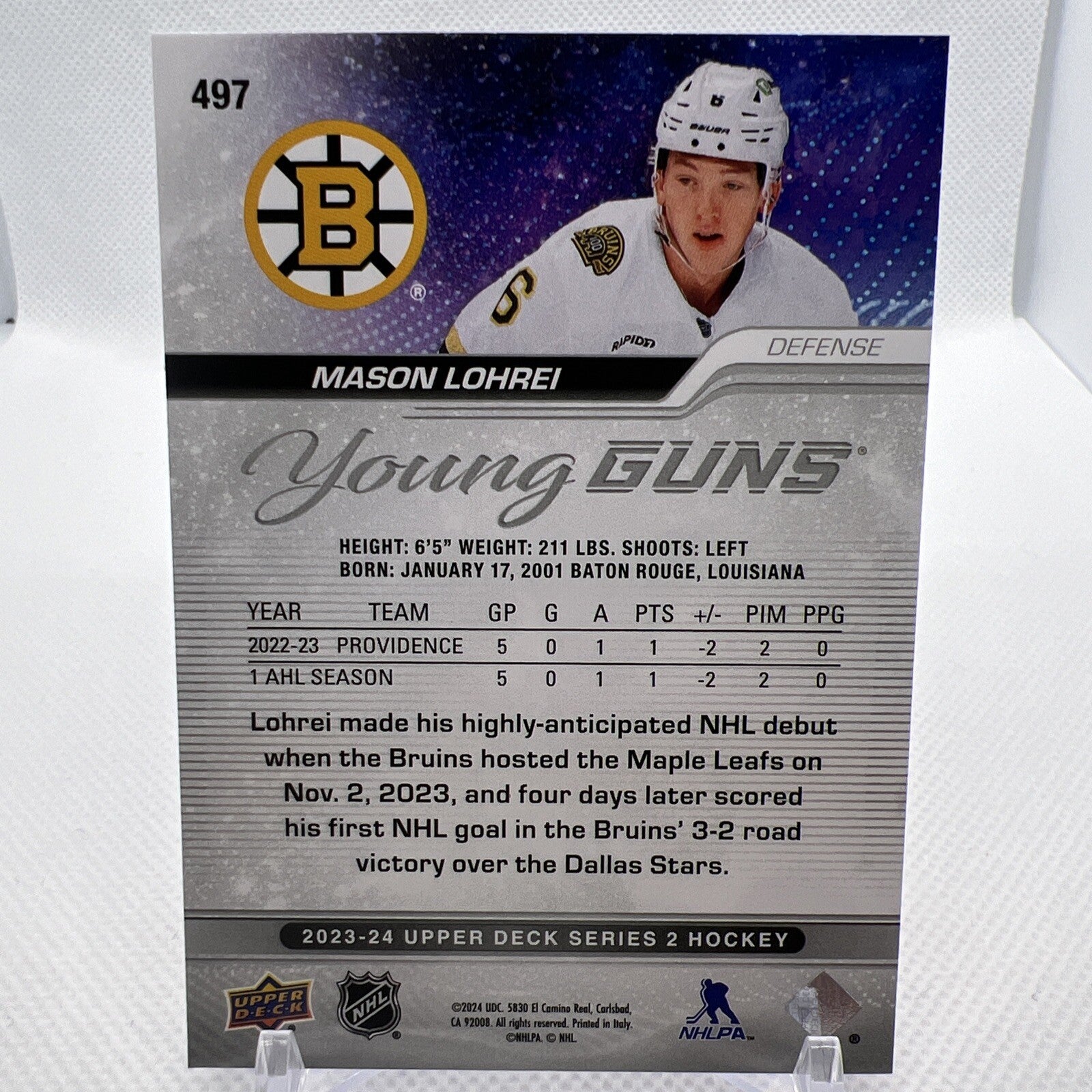 Mason Lohrei 2023-24 Upper Deck Young Guns Rookie Boston Bruins 7 RC