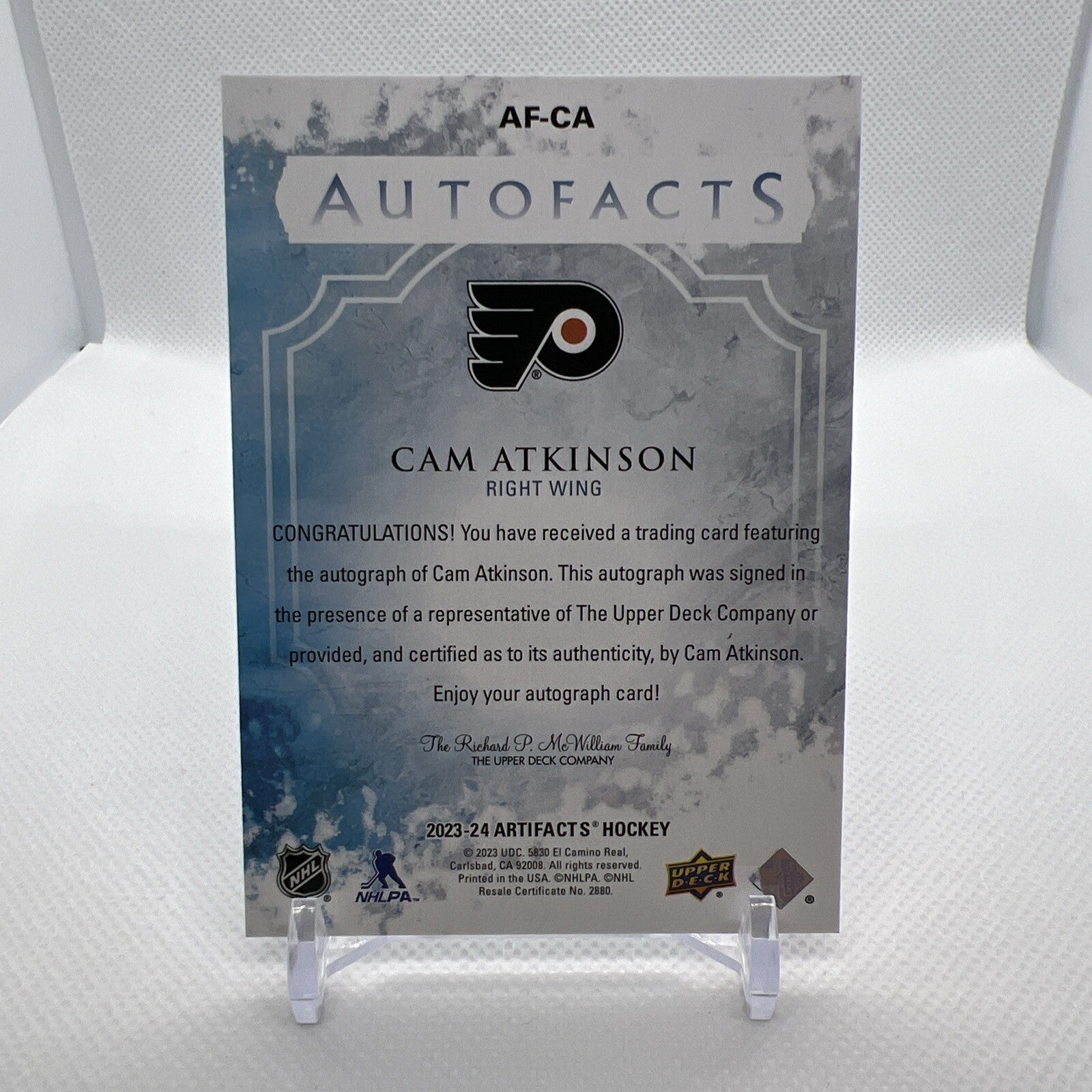 Cam Atkinson 2023-24 UD Artifacts AutoFacts #AF-CA Philadelphia Flyers