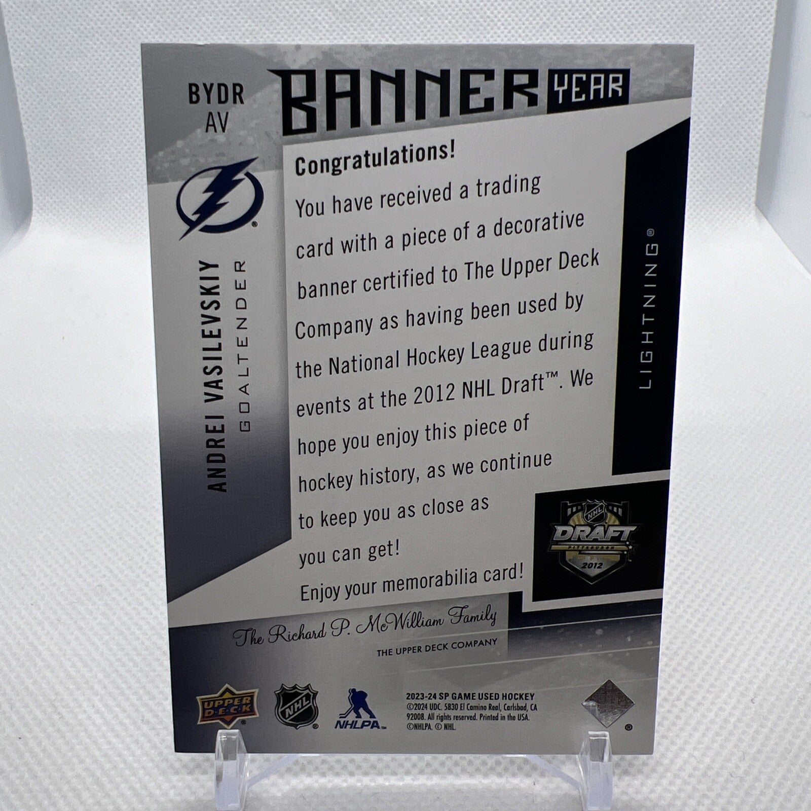 Andrei Vasilevskiy 2023-24 SP Game Used Banner Year NHL Draft 2012 Lightning