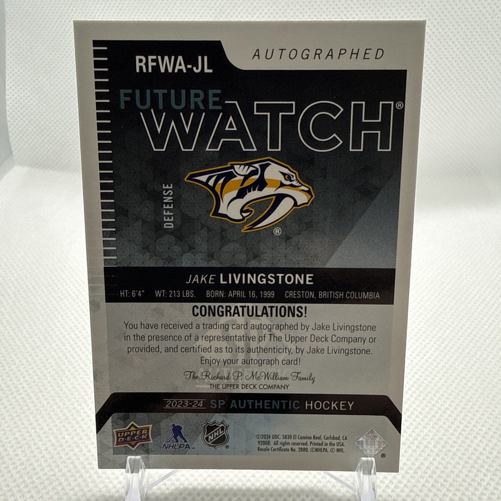 Jake Livingstone 2023-24 SP Authentic Future Watch Auto Retro Nashville Preds