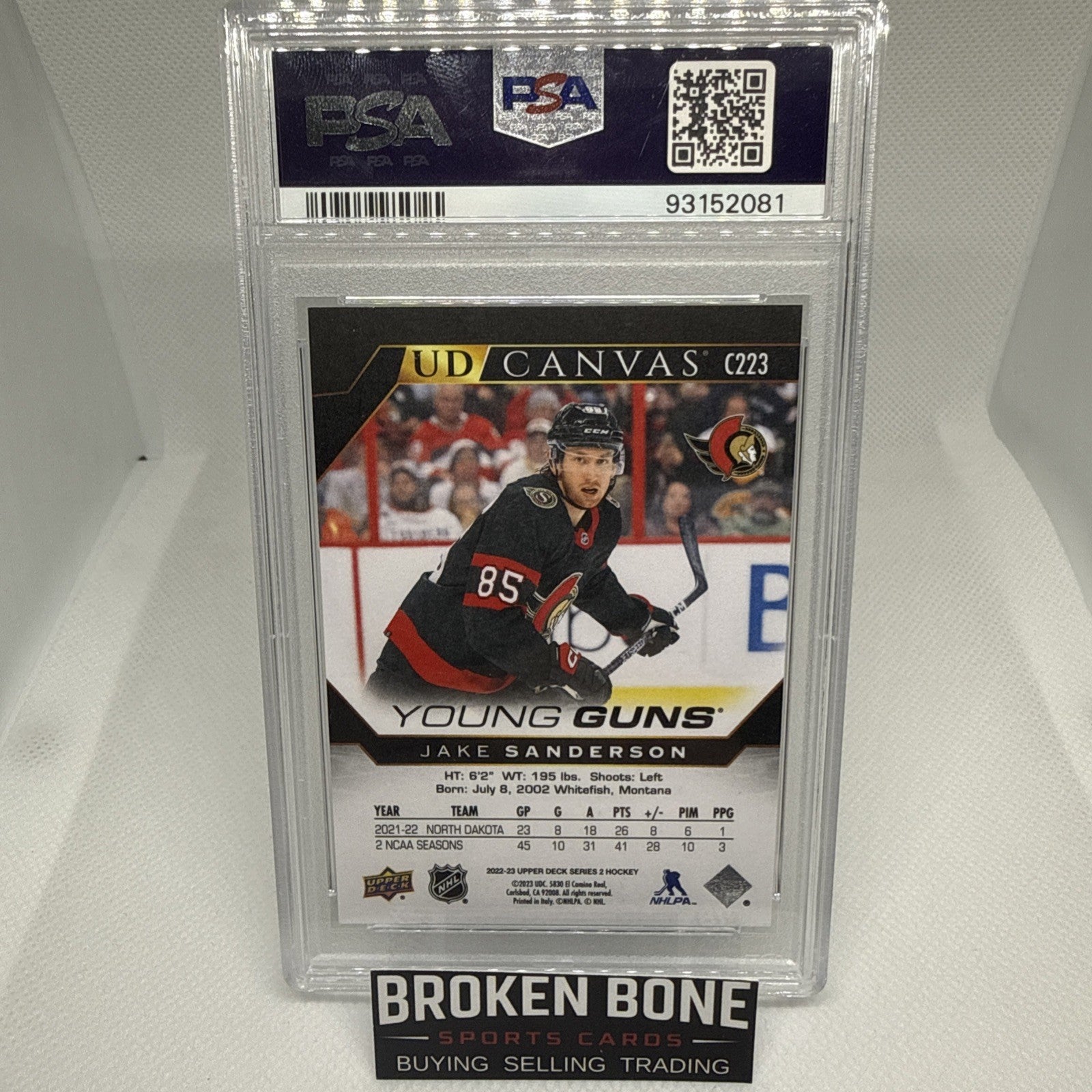 Jake Sanderson 2022-23 Upper Deck Black  Young Guns Canvas PSA 10 SSP RC