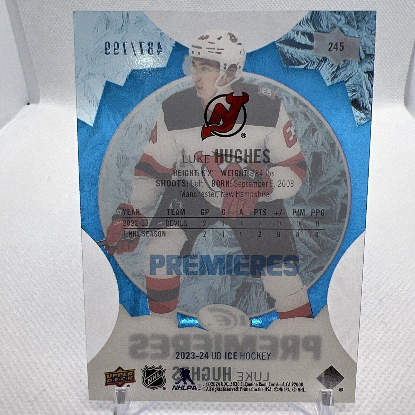 Luke Hughes 2023-24 Upper Deck Ice Ice Premieres /799 RC New Jersey Devils