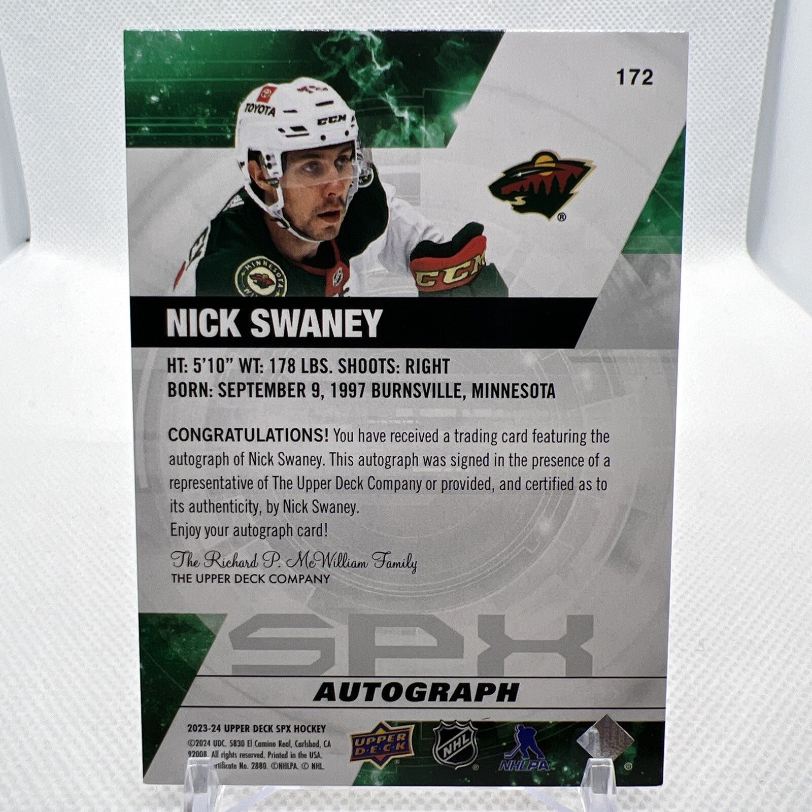 Nick Swaney 2023-24 SPx Rookie Autograph Minnesota Wild