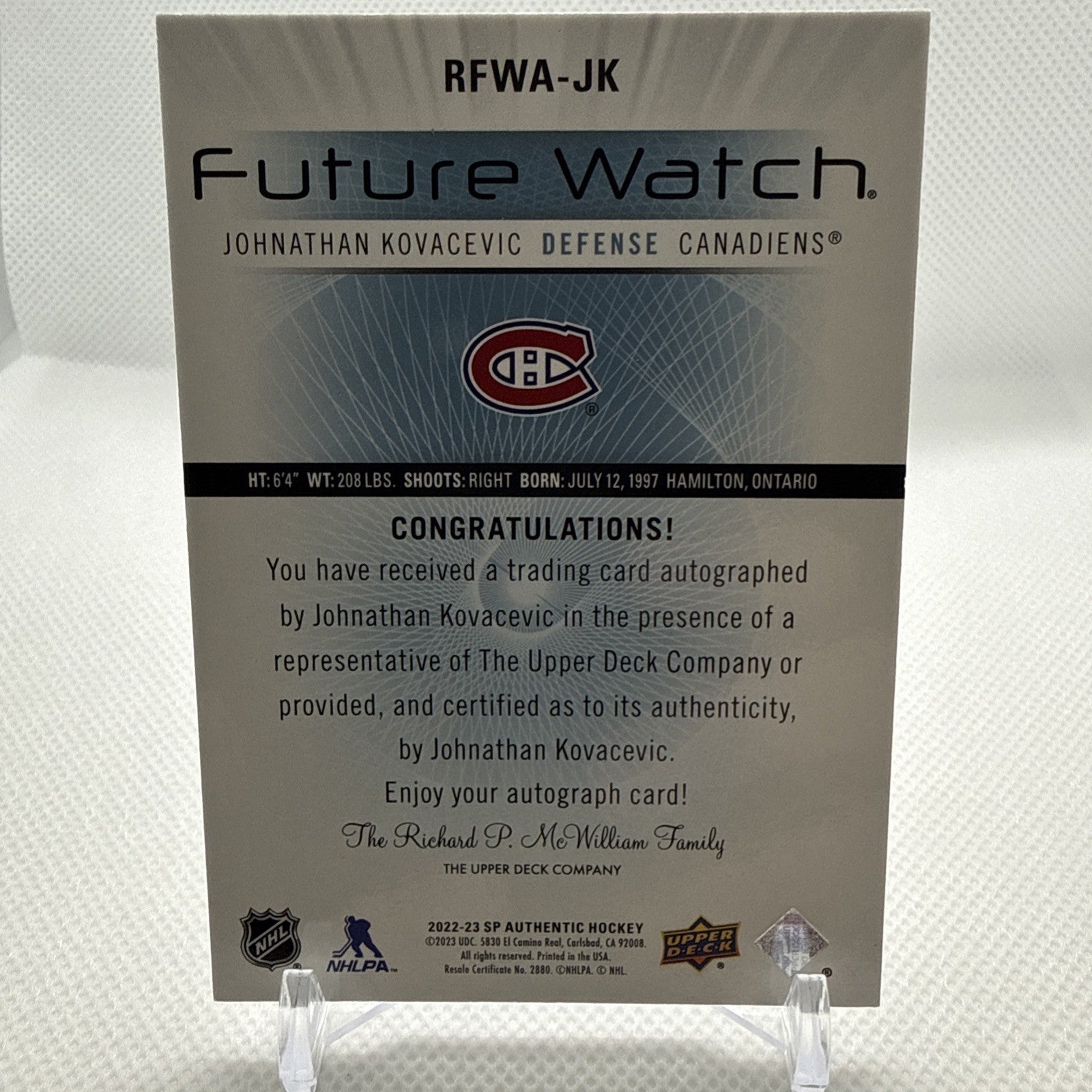 Johnathan Kovacevic 2022-23 SP Authentic Future Watch Auto Retro Canadiens