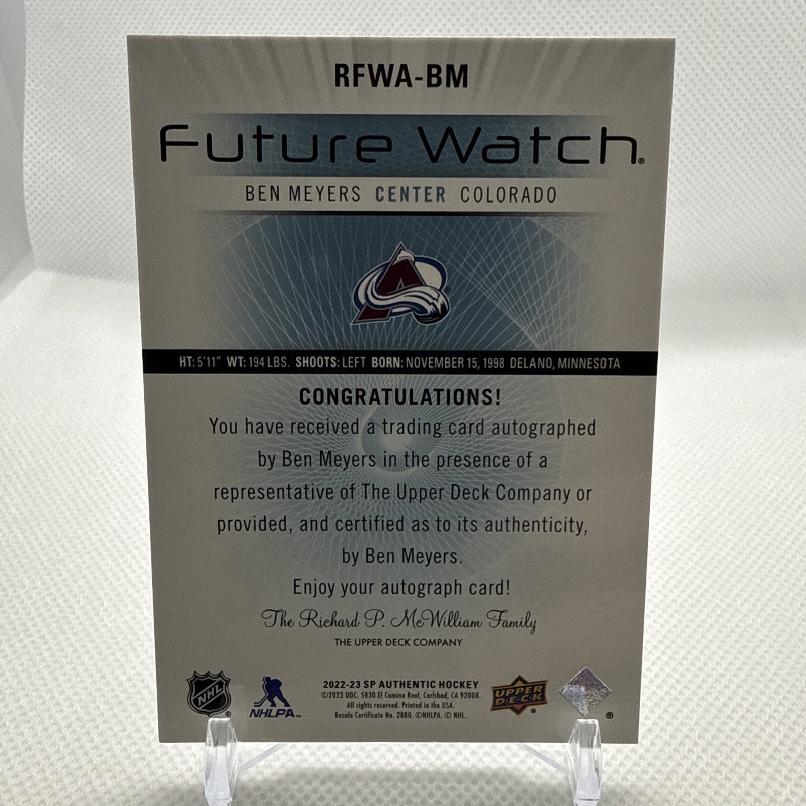 Ben Meyers 2022-23 SP Authentic Future Watch Auto Retro Colorado Avalanche