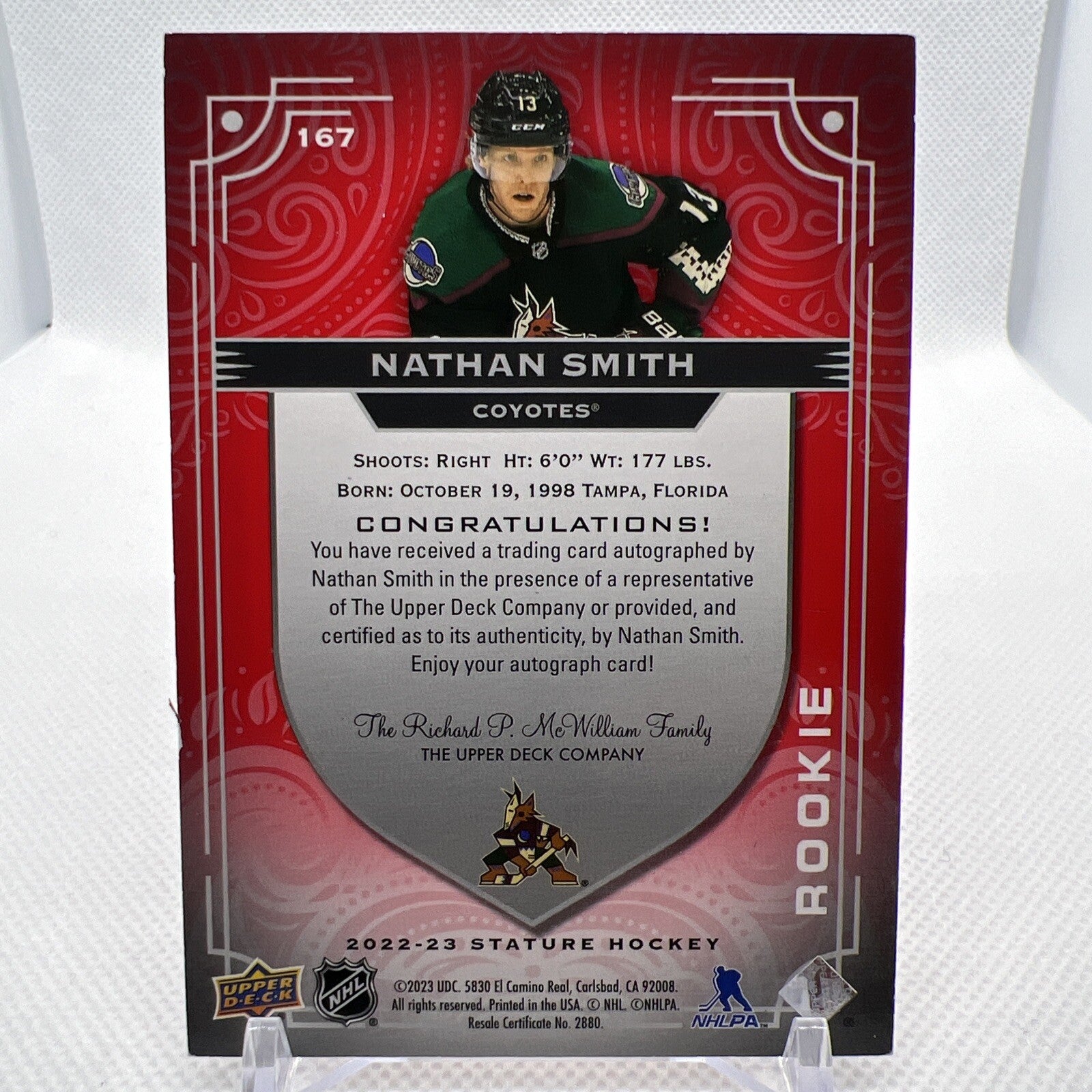Nathan Smith 2022-23 Stature Red Rookie Auto /35 Arizona Coyotes Utah