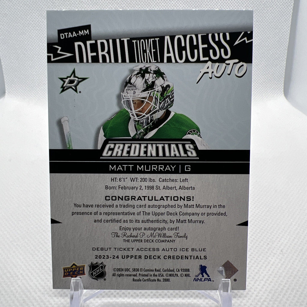 Matt Murray 2023-24 Credentials Debut Ticket Access Auto /299 Dallas Stars