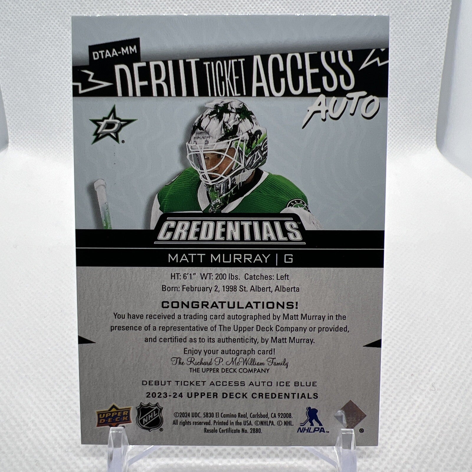 Matt Murray 2023-24 Credentials Debut Ticket Access Auto /299 Dallas Stars