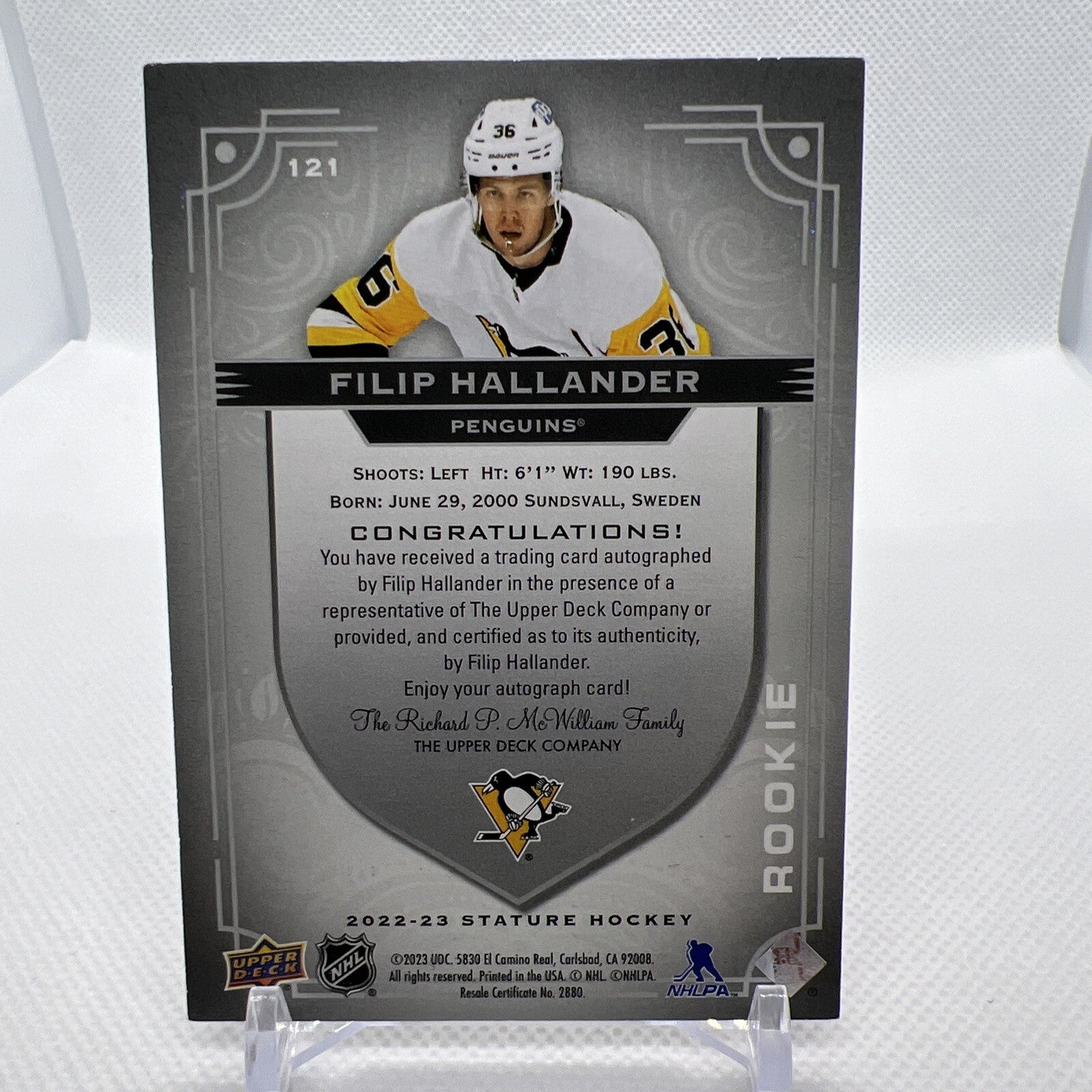 Filip Hallander 2022-23 Upper Deck Stature Rookie Auto /199 Pittsburgh Penguins