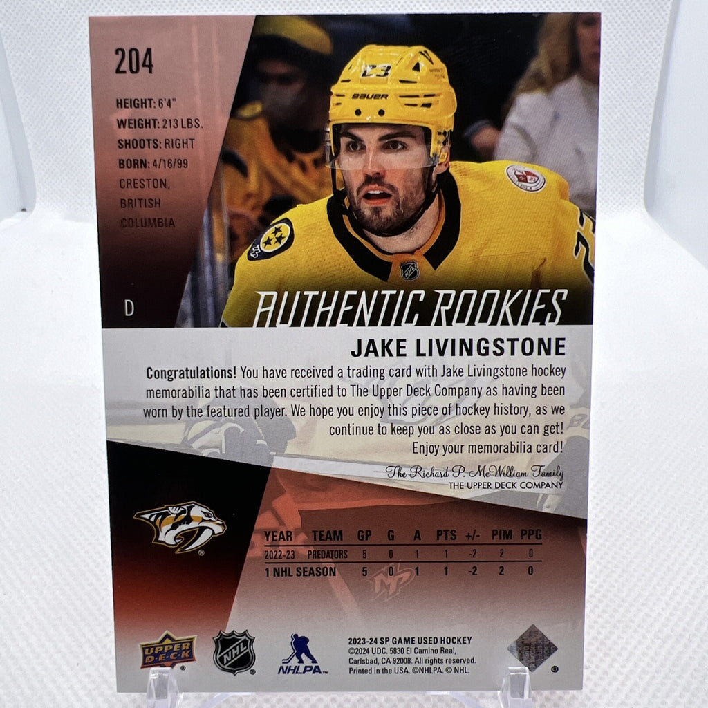 Jake Livingstone 23-24 SP Game Used Authentic Rookies Jersey Nashville Predators