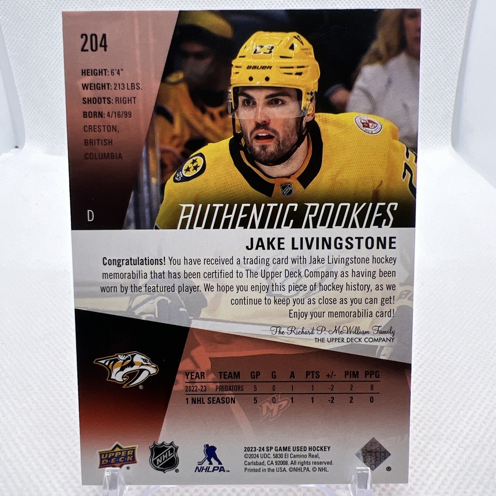 Jake Livingstone 23-24 SP Game Used Authentic Rookies Jersey Nashville Predators