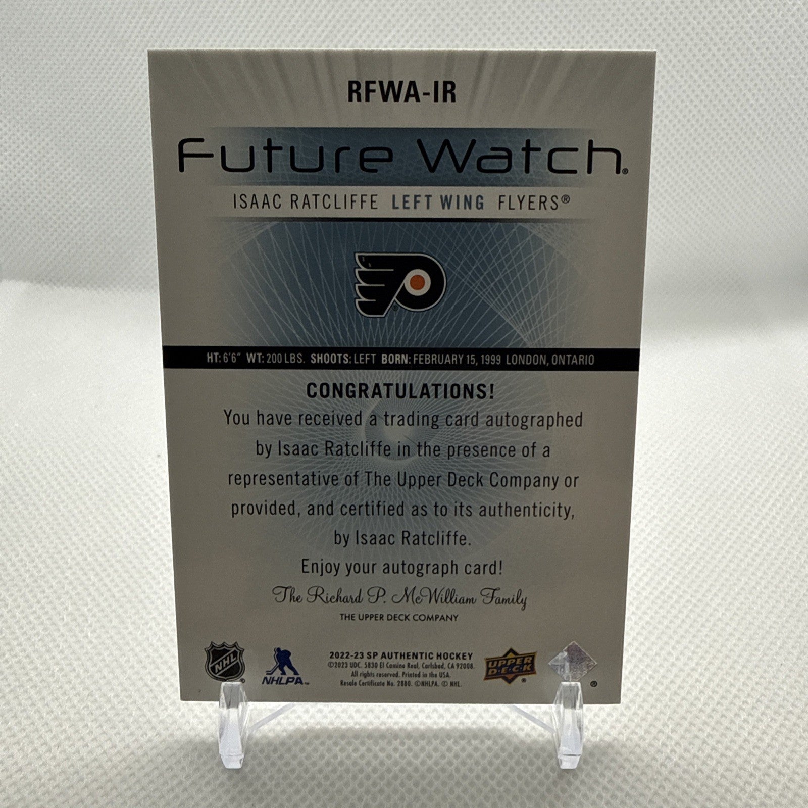 Isaac Ratcliffe 2022-23 SP Authentic Future Watch Auto Retro Philadelphia Flyers
