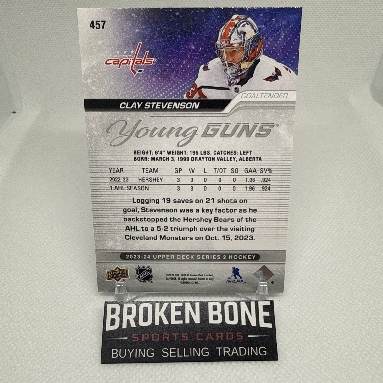 Clay Stevenson 2023-24 Upper Deck Outburst Young Guns RC Washington Capitals