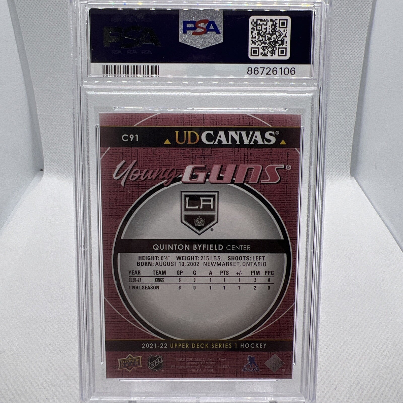 Quinton Byfield 2021-22 Upper Deck Young Guns Canvas LA Kings PSA 10 RC Rookie