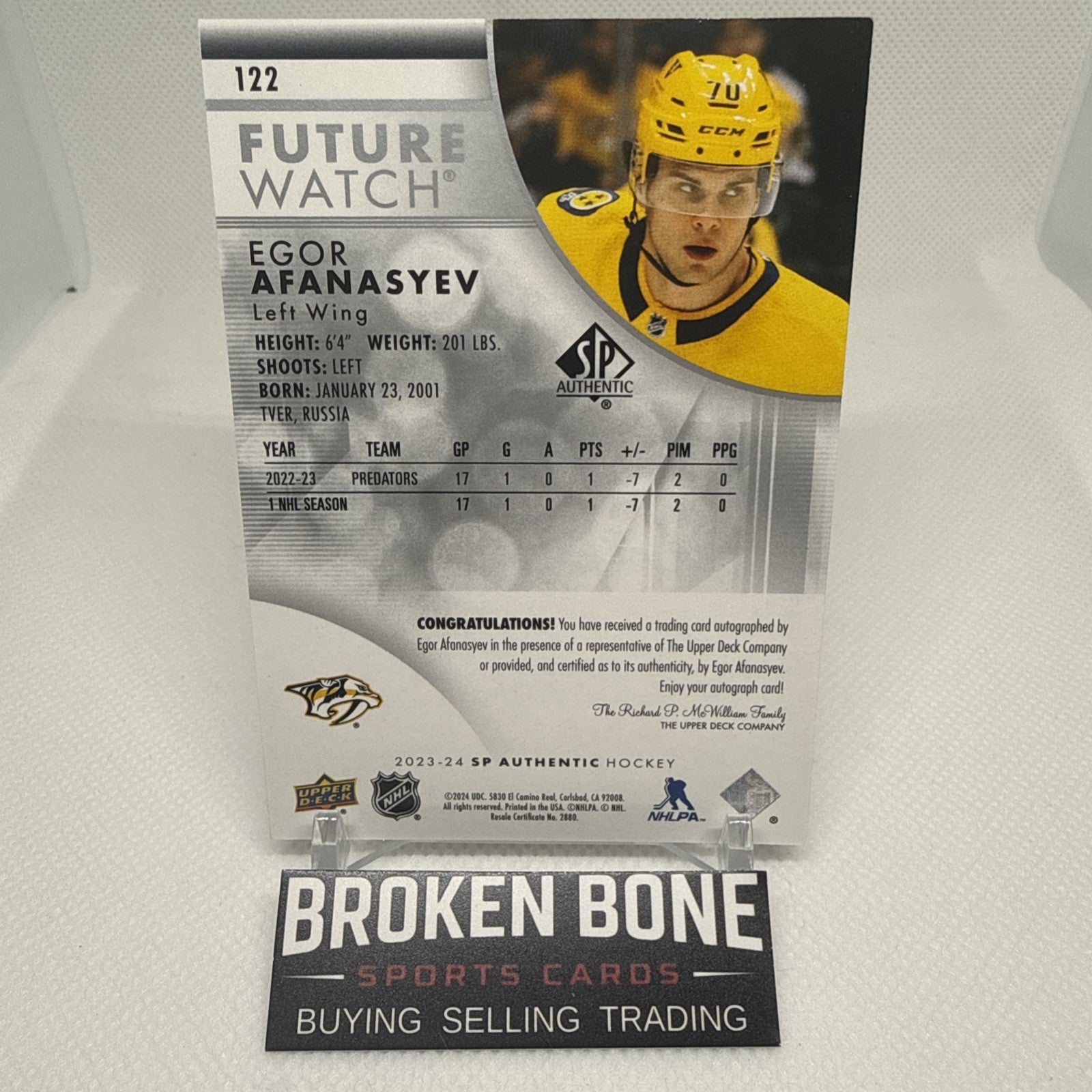 Egor Afanasyev 2023-24 SP Authentic Future Watch Auto /999 Nashville Predators