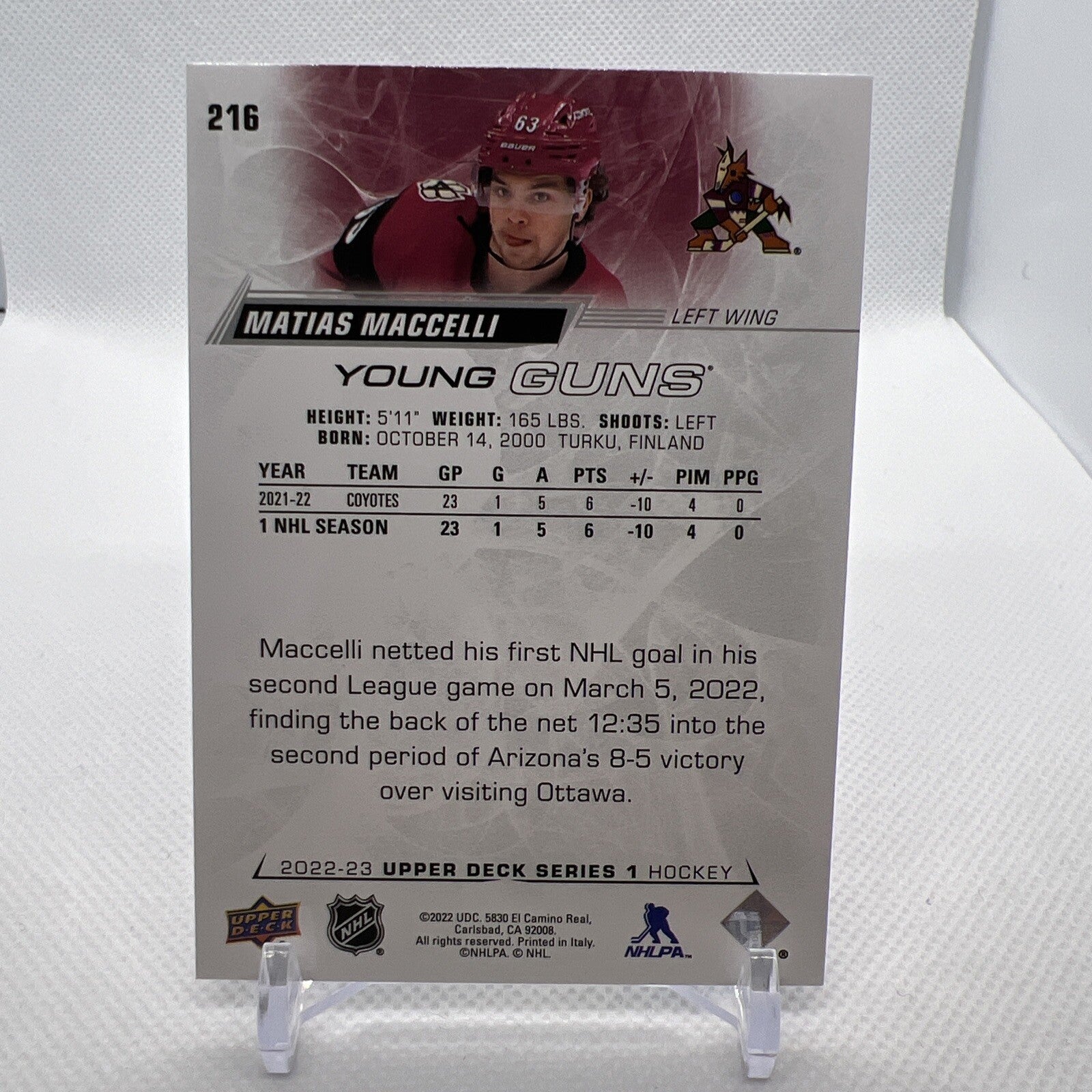 Matias Maccelli 2022-23 Upper Deck Young Guns Rookie Arizona Coyotes RC
