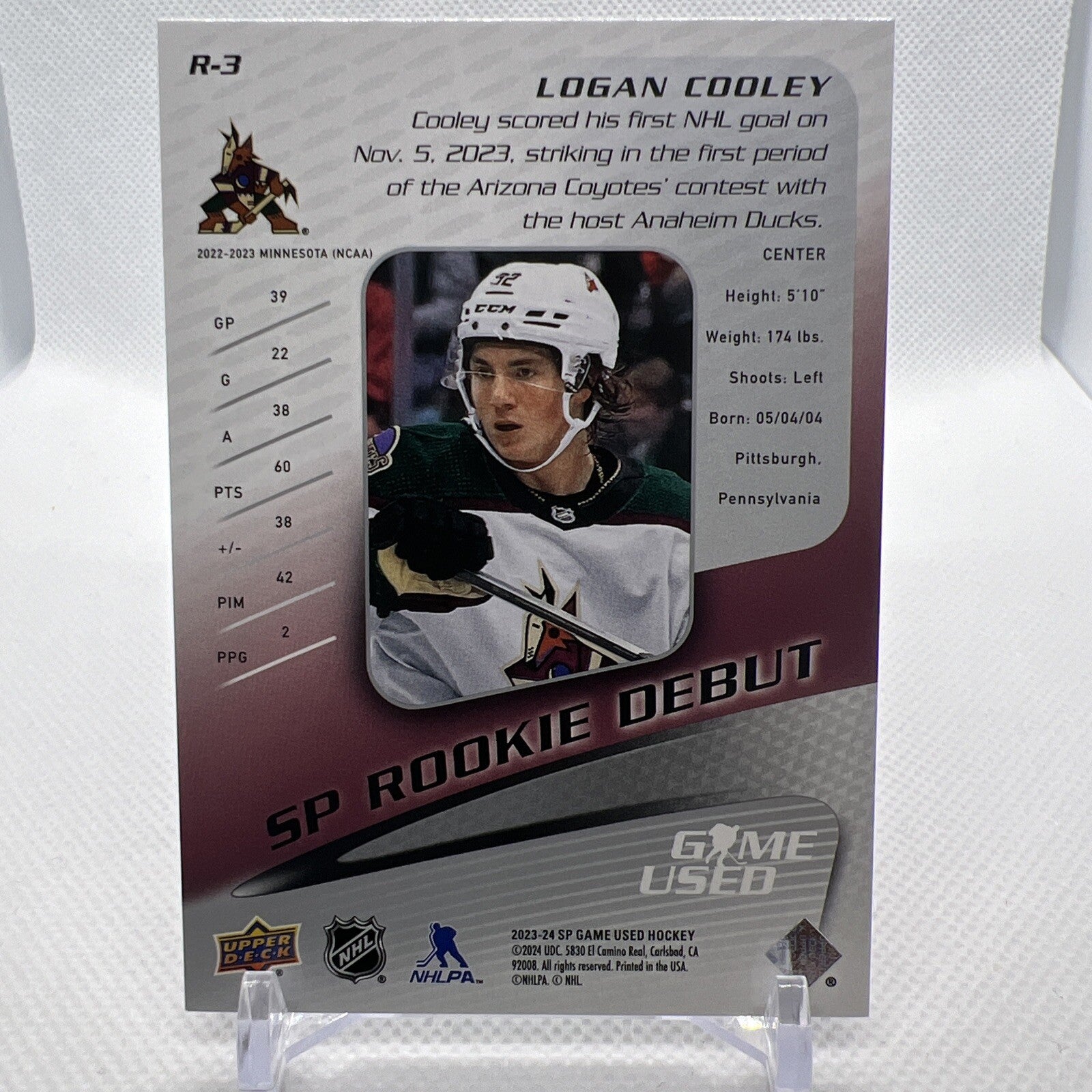 Logan Cooley 2023-24 SP Game Used SP Rookie Debut /499 Arizona Coyotes RC